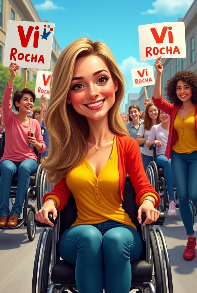 I am a wheelchair user, white, have brown eyes and long blond and dark hair and I am a candidate for councilor.. I would like you to create a caricature of a wheelchair user in the front with a yellow and red blouse and me happy and the people behind vibrating and happy and many disabled people and also wheelchair users men, women and children and holding signs with the name VI Rocha