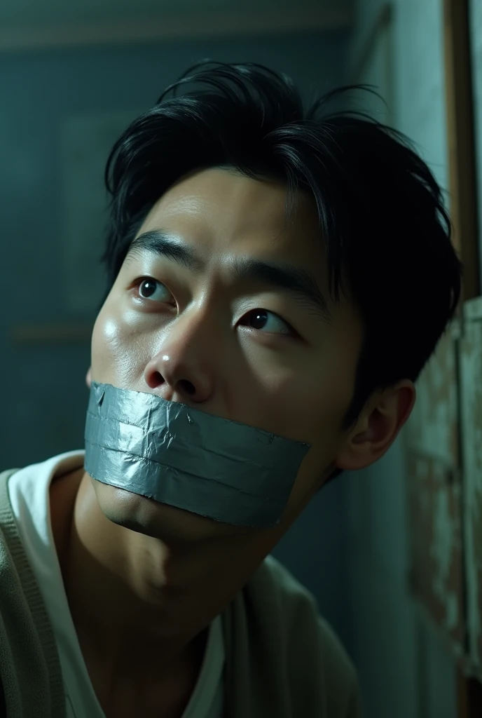 Handsome Japanese man with his mouth covered in duct tape asking for help