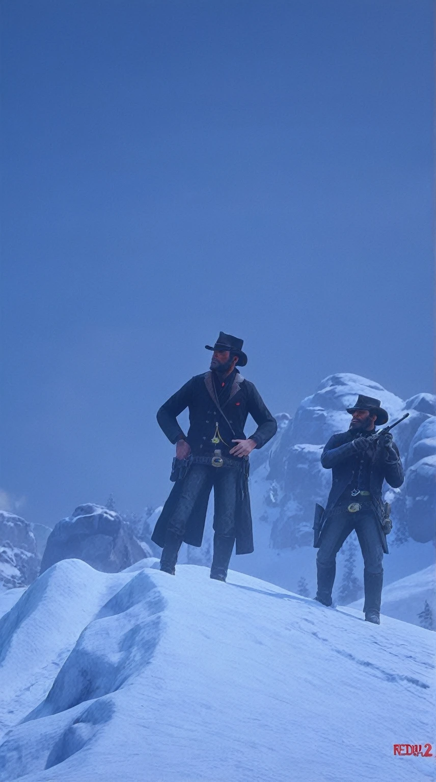 there are two men standing on a snowy hill , in red dead redemption 2, red dead redemption art style, rdr 2 mod, red dead redemption2, red dead redemption 2, squinting at high noon, high resolution details, badass composition, rdr2, western background, realistic