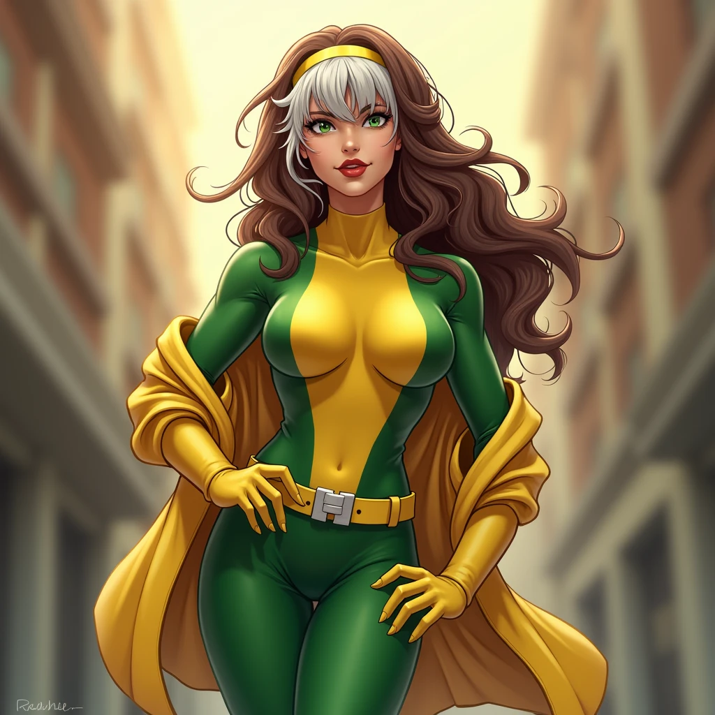 good anatomy, masterpiece, best quality, bokeh, depth of field, highres, high quality, 1girl,
X_MENs_Rogue,
long hair,breasts,brown hair,green eyes,lipstick,makeup,lips,white hair,two-tone hair,headband,wavy hair,large breasts,messy hair,curly hair,big_hair, 
yellow bodysuit,jacket,gloves,belt,yellow gloves,green bodysuit,bodysuit,multicolored bodysuit,superhero, skin tight,multicolored clothes,  