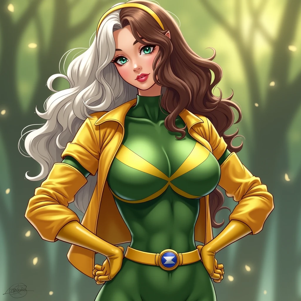 good anatomy, masterpiece, best quality, bokeh, depth of field, highres, high quality, 1girl,
X_MENs_Rogue,
long hair,breasts,brown hair,green eyes,lipstick,makeup,lips,white hair,two-tone hair,headband,wavy hair,large breasts,messy hair,curly hair,big_hair,
yellow bodysuit,jacket,gloves,belt,yellow gloves,green bodysuit,bodysuit,multicolored bodysuit,superhero, skin tight,multicolored clothes,