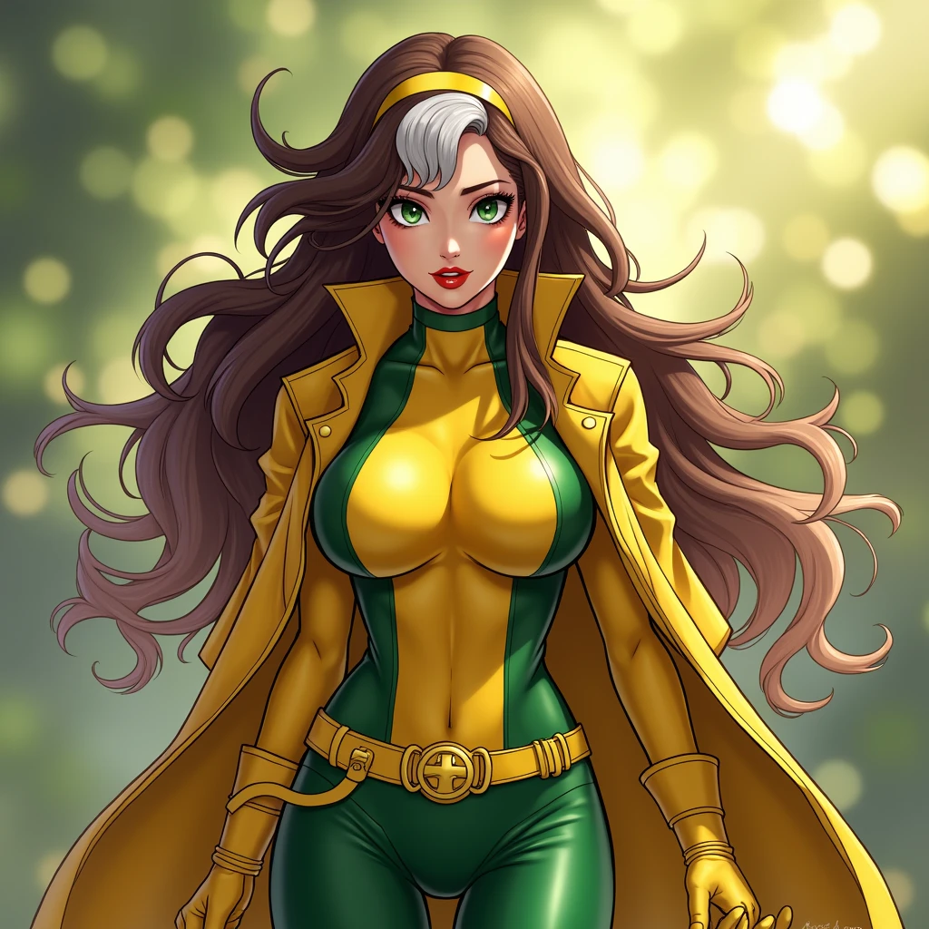 good anatomy, masterpiece, best quality, bokeh, depth of field, highres, high quality, 1girl,
X_MENs_Rogue,
long hair,breasts,brown hair,green eyes,lipstick,makeup,lips,white hair,two-tone hair,headband,wavy hair,large breasts,messy hair,curly hair,big_hair, 
yellow bodysuit,jacket,gloves,belt,yellow gloves,green bodysuit,bodysuit,multicolored bodysuit,superhero, skin tight,multicolored clothes,  