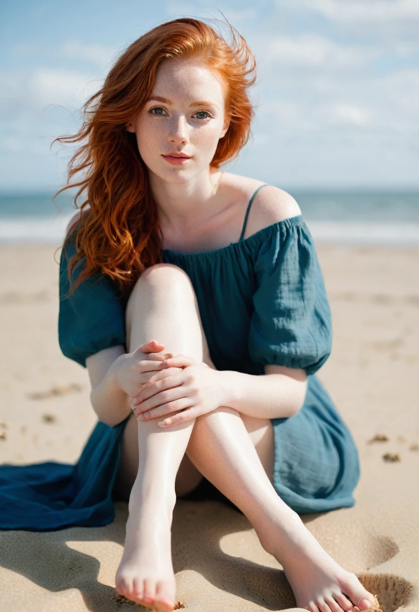 arafed woman sitting on the beach with her feet in the sand, a portrait of Niko Henrichon, tumblr, fine art, redhead woman, young woman infp, redhead girl, redhead young woman, beautiful redhead woman, a young redhead, redhead girl, sitting on the beach, posing on a beach with the ocean, sitting on the floor