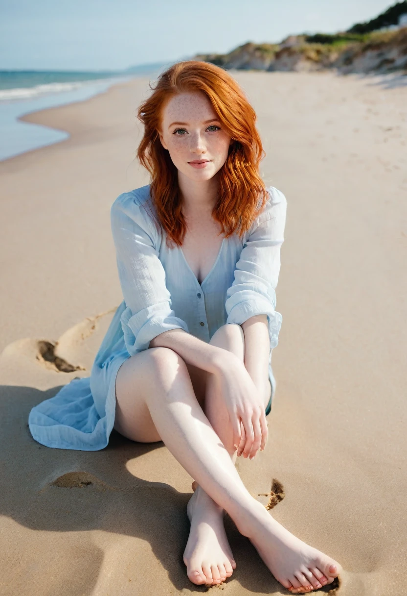arafed woman sitting on the beach with her feet in the sand, a portrait of Niko Henrichon, tumblr, fine art, redhead woman, young woman infp, redhead girl, redhead young woman, beautiful redhead woman, a young redhead, redhead girl, sitting on the beach, posing on a beach with the ocean, sitting on the floor