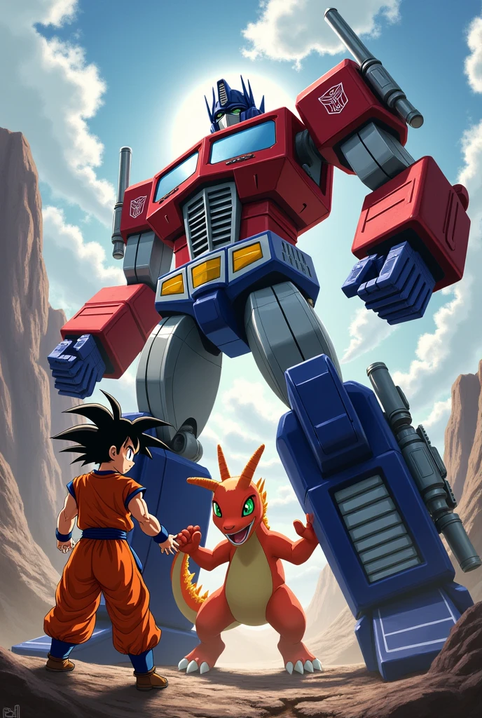 A picture of goku, optimus prime and charizard together