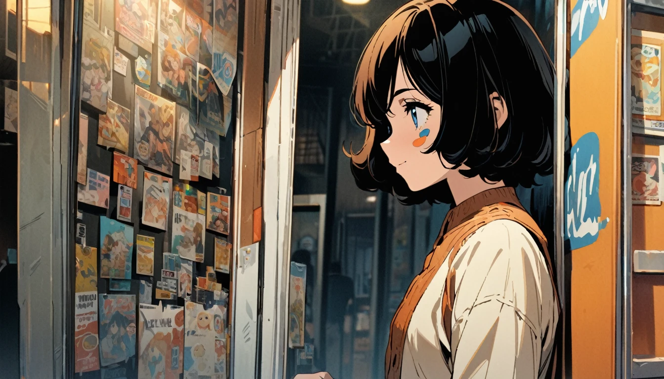 1 woman, alone, A soft smile on her face and a flat chest, blue eyes, (detailed eyes), Short hair, black hair, upper body, ((masterpiece, illustration, best quality)) ((best quality)), ((masterpiece)), (detailed), (masterpiece)),(((best quality))), Women in the 1970s, Wearing 1970s hair and clothes, A woman stands inside a 1970s alley store in New York City., Behind a window filled with stickers and advertisements, Looking outside through the exhibition window,profile,Side face