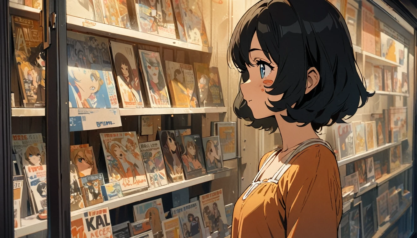 1 woman, alone, A soft smile on her face and a flat chest, blue eyes, (detailed eyes), Short hair, black hair, upper body, ((masterpiece, illustration, best quality)) ((best quality)), ((masterpiece)), (detailed), (masterpiece)),(((best quality))), Women in the 1970s, Wearing 1970s hair and clothes, A woman stands inside a 1970s alley store in New York City., Behind a window filled with stickers and advertisements, Looking outside through the exhibition window,profile,Side face