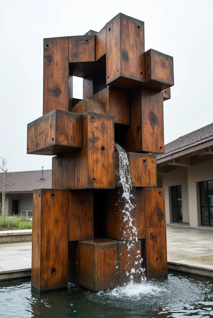 Water fountain made from 128 jenga-sized wooden pieces based on the style of Eduardo Chillida