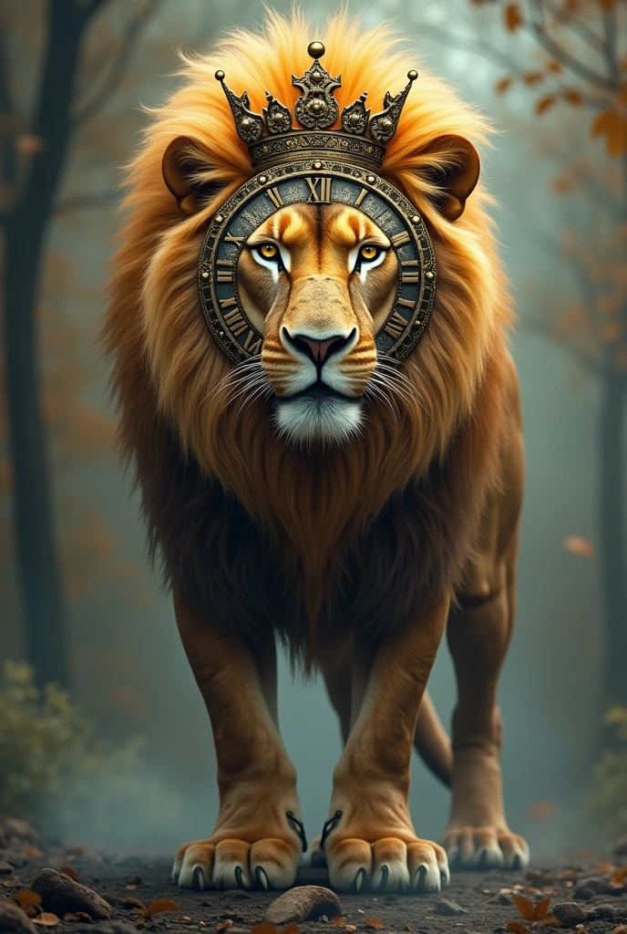 A lion with a crown and face of a clock