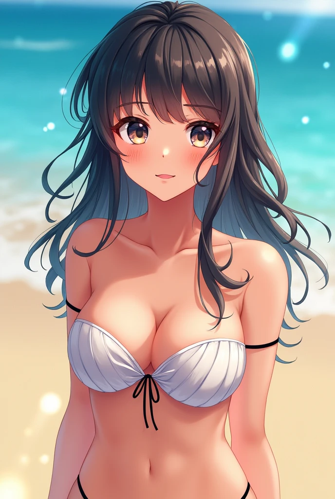 masutepiece, Best Quality, Illustration, Ultra-detailed, finely detail, hight resolution, 8K Wallpaper, Perfect dynamic composition, Beautiful detailed eyes, Bandeau Bikini, Natural Color Lip,Beach, Random and cute poses, flowing bangs,cleavage of the breast, Smile Face,Wet body, Wet hair