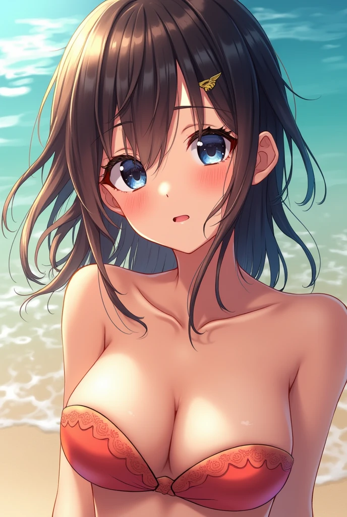 masutepiece, Best Quality, Illustration, Ultra-detailed, finely detail, hight resolution, 8K Wallpaper, Perfect dynamic composition, Beautiful detailed eyes, Bandeau Bikini, Natural Color Lip,Beach, Random and cute poses, flowing bangs,cleavage of the breast, Smile Face,Wet body, Wet hair
