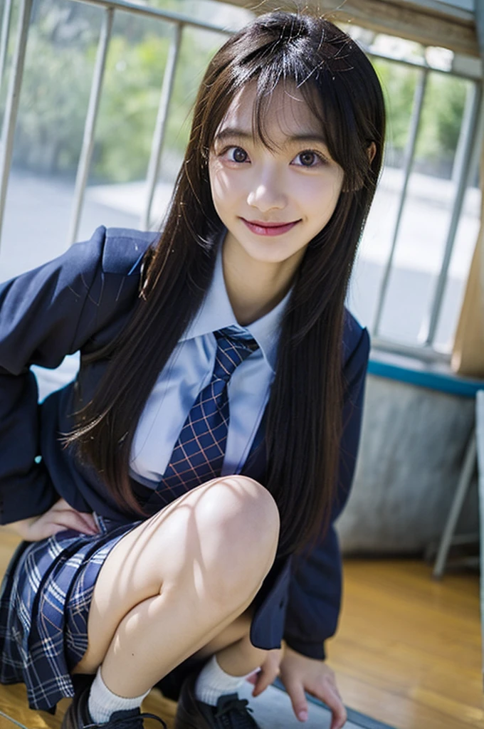 Girl standing in a school classroom,Blue tie uniform,Dark Blue Blazer,Blue plaid skirt,18-year-old,bangs,Smile a little,Thighs,knees,From below, Navy blue knee socks, Long Hair, Black Hair, 