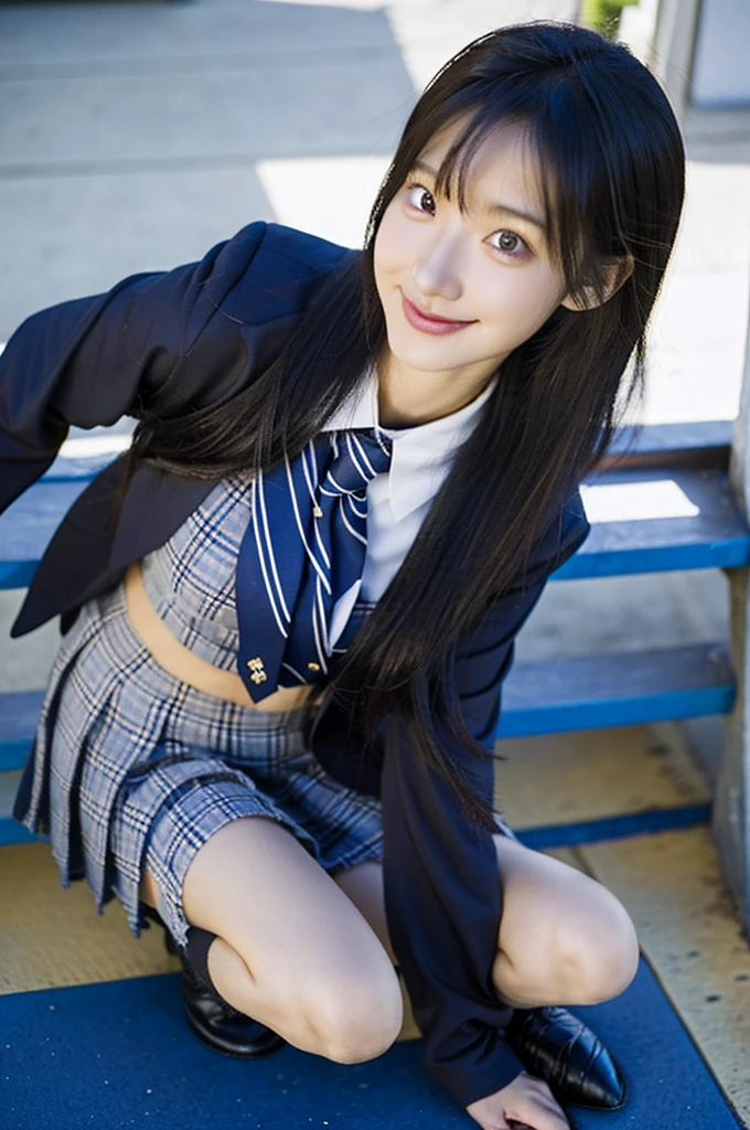 Girl standing in a school classroom,Blue tie uniform,Dark Blue Blazer,Blue plaid skirt,18-year-old,bangs,Smile a little,Thighs,knees,From below, Navy blue knee socks, Long Hair, Black Hair, 