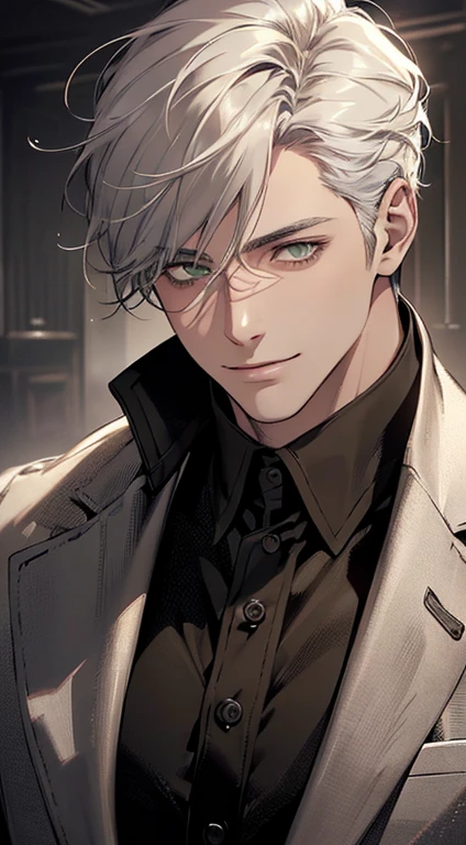 ((a mature man, very handsome, smile in love, short grey white hair, green eyes, perfect face without errors)), ((buttoning the jacket, CEO)), (best quality, masterpiece, 8K, photorealistic, cinematic lighting, hdr image, ultra detailed, beautiful image), (portrait, detailed facial features, intricate textures, realistic skin tones, highly detailed, ultra-realistic), (warm lighting, soft shadows, dramatic lighting), (muted color palette, rich tones), (professional photography, high resolution, studio lighting)