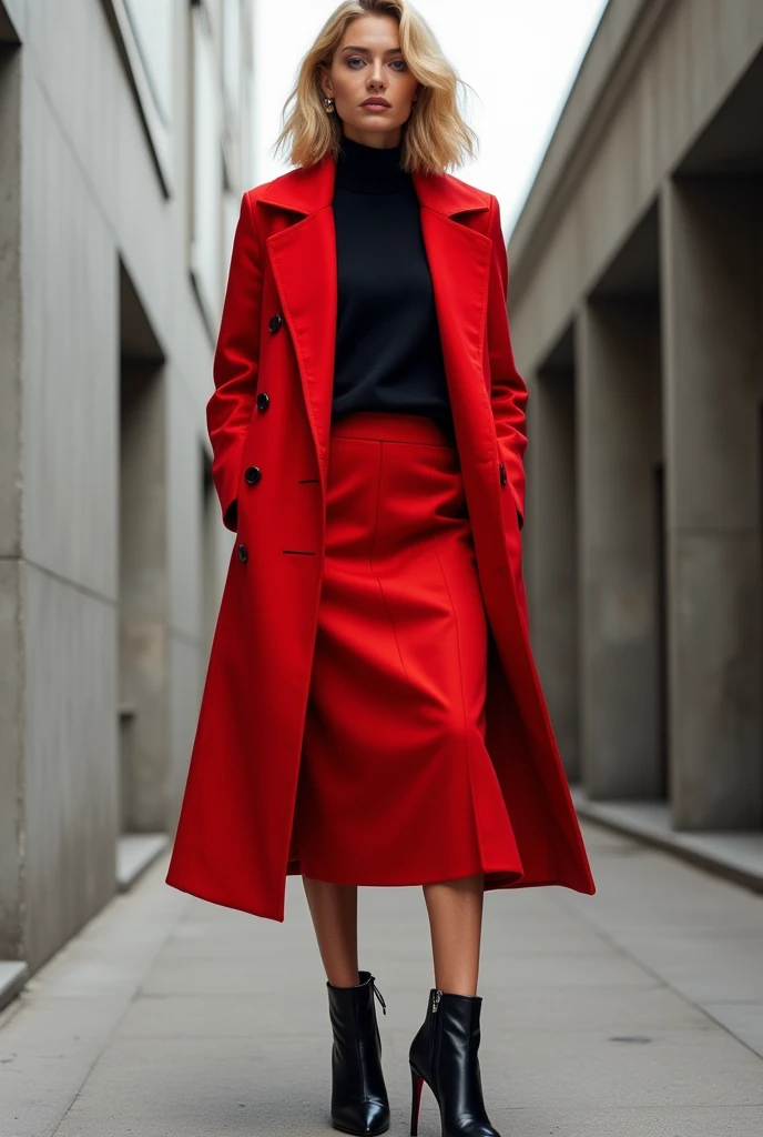 Make me a blonde adult woman with a red coat, red skirt, black boots, black sweater.