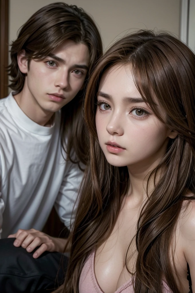 Draw two boys, A 27 year old brown haired and blowjob guy, with brown hair, and the girl with long hair with a worried look, both wearing rich people's clothes.