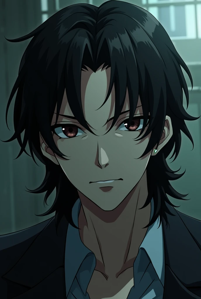 Create a male character with the style of the prison school anime with white skin, long black wavy hair and dark brown eyes and no beard or mustache