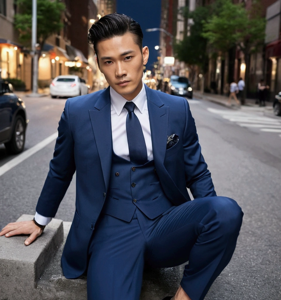 arafed man in a suit sitting on a curb in a city, wearing dark blue suit, blue suit, with a business suit on, wearing fashion suit, wearing suit, stylish suit, wearing a stylish men's suit, handsome chad chin, well - dressed, 3-piece-suit, wearing business suit, wearing a light blue suit, luxurious suit, formal suit,transparent shirt