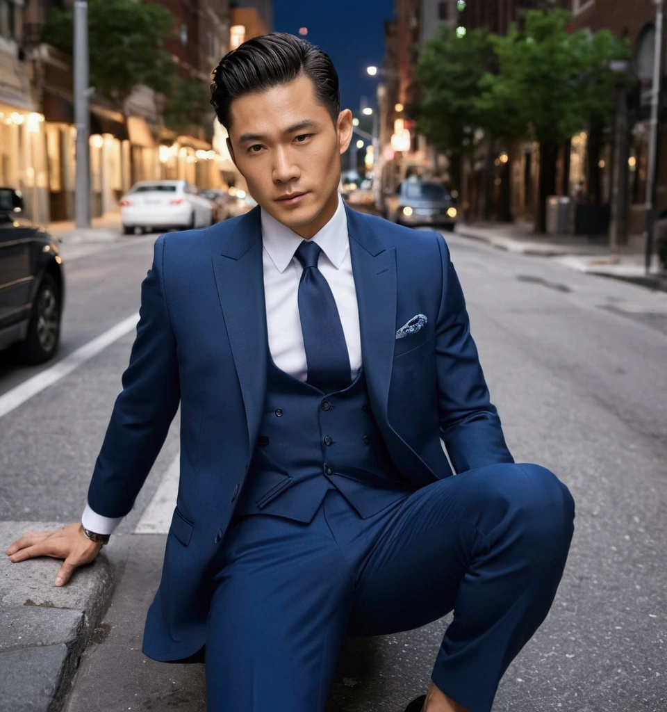 arafed man in a suit sitting on a curb in a city, wearing dark blue suit, blue suit, with a business suit on, wearing fashion suit, wearing suit, stylish suit, wearing a stylish men's suit, handsome chad chin, well - dressed, 3-piece-suit, wearing business suit, wearing a light blue suit, luxurious suit, formal suit,transparent shirt