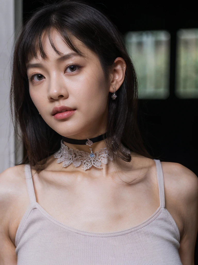 Prompt: Inspired by Michelle Chen (Michelle Chen), beautiful and attractive girl, 25-year-old Thai-Chinese girl, 162-centimeter height, natural-ivory skin tone, perfect face, small eyes, black eyes, ((Chinese droopy and monolid-eyes)), (clear-detailed eyes), centered-focus eyes, natural-gloss full lips, no-makeup looks, (2024 new-trend long bob haircut), ((pink, lavender and silver highlights on black hair)), (clear-detailed hairs), free the nipples, narrow shoulders, long neck, slim waist, rich-detailed skin texture, skin detention, (white crop-tops), high-waist blue skinny-denim, ((too-tight black color heart choker)), ((fine-detailed choker)), talk to the camera, sexy and funny in her eyes, studio portraiture, studio lighting, HDR, side view