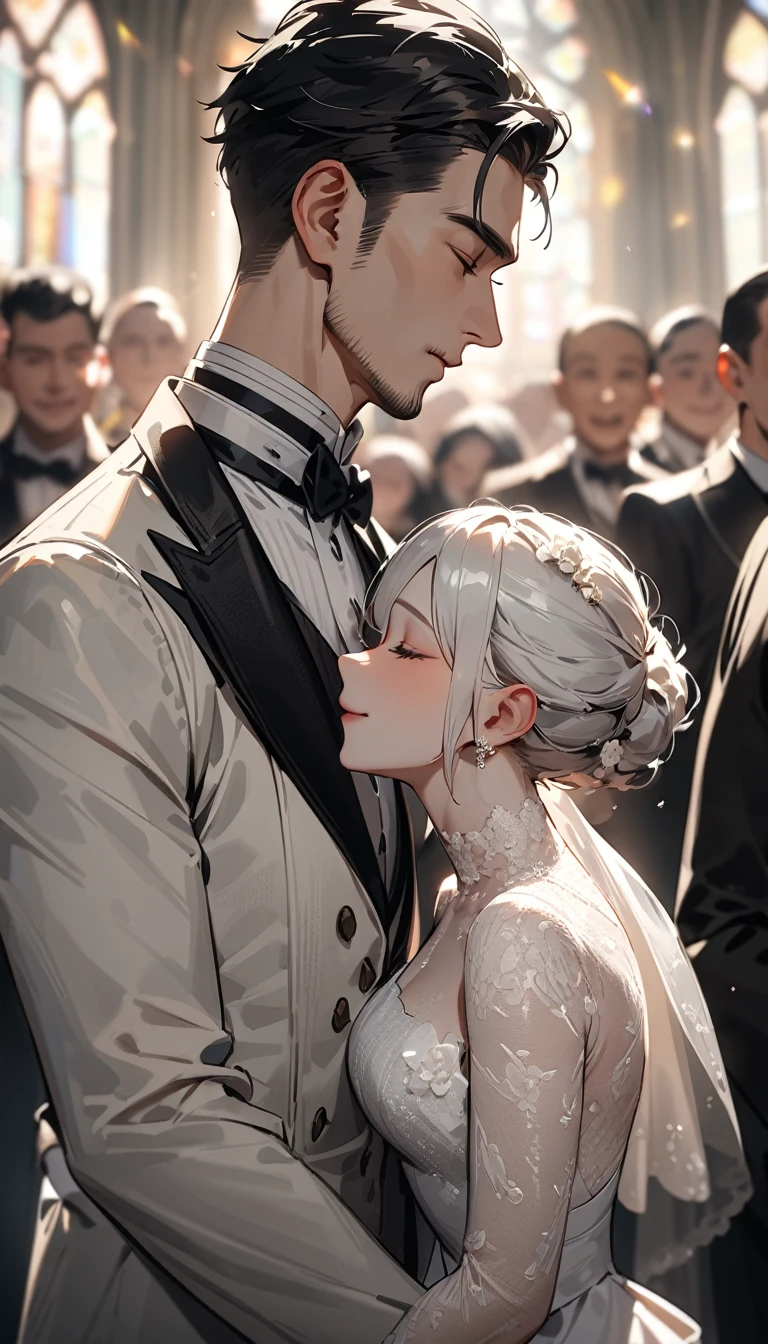 masterpiece, textured skin, high details, award winning, best quality, highres, 4K, (((head shot))),Beautiful groom and bride,groom in black hair, tall. Handsome,close eyes, bride in white hair, cute, close eyes, Lined up next to each other,kiss eash others,wedding,People who bless those around,Inside the church,Happy atmosphere,Blurred background