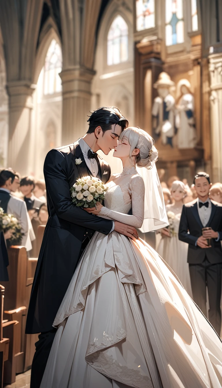 masterpiece, textured skin, high details, award winning, best quality, highres, 4K, (((head shot))),Beautiful groom and bride,groom in black hair, tall. Handsome,close eyes, bride in white hair, cute, close eyes, Lined up next to each other,kiss eash others,wedding,People who bless those around,Inside the church,Happy atmosphere,Blurred background