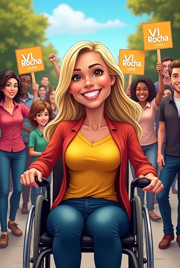 I am a wheelchair user, white, have brown eyes and long blond and dark hair and I am a candidate for councilor.. I would like you to create a caricature of a wheelchair user in the front with a yellow and red blouse and me happy and the people behind vibrating and happy and many disabled people, men and women also in wheelchairs, men, women and children and holding signs with the name VI Rocha