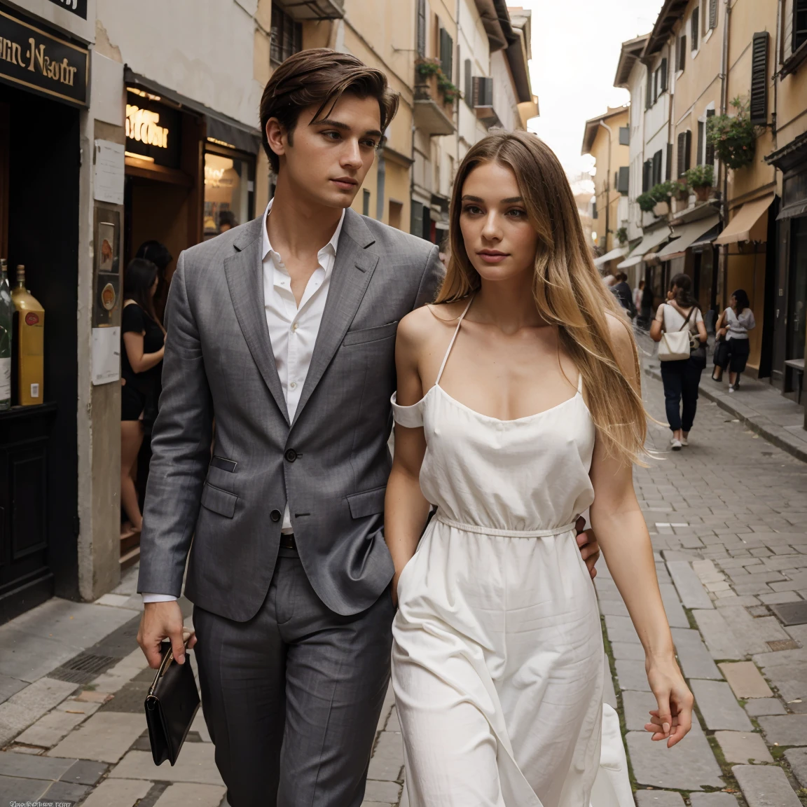 ((Highest quality)), ((masterpiece)), (detailed), Couple, walk, summer, Milan, In Italy, 1 Female, Very long blonde hair, Cocktail Dresses, 1 person, expensive, Muscular, good looking, Dark Short Hair, In Italy, Wearing a linen suit