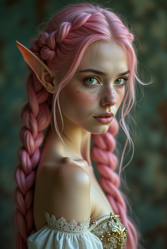 NSFW, naked, nude, naked ass, hot fit mature 34 year old adult elf woman model, some freckles only on face, realistic natural skin, uniform skin tone, elf ears, perfect realistic wider blue eyes, long angular germanic face, ass view, , super skinny, tight fit muscular abs, long flowing pink hair, tattoos, piercings, full body shot, starry night sky through window in background, enchanted