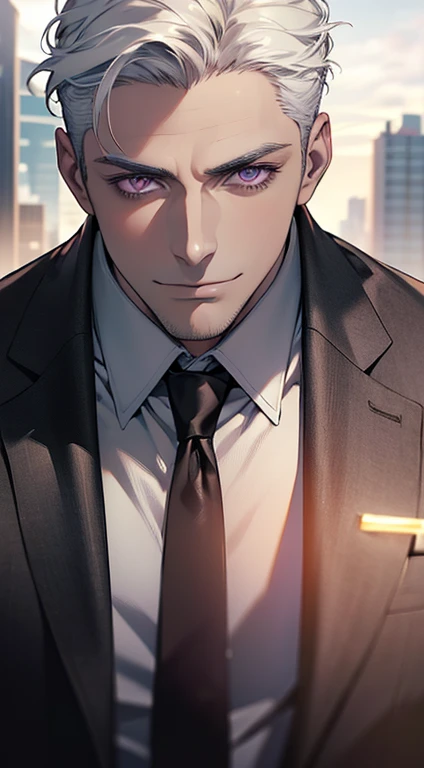 (best quality, masterpiece, 8K, photorealistic, cinematic lighting, hdr image, ultra detailed, beautiful image), 1 man, 31 years old, mature man, very handsome, (without expression, smile), short white hair, purple eyes ( penetrating gaze), perfect face without errors, imposing posture, without errors, businessman, office background