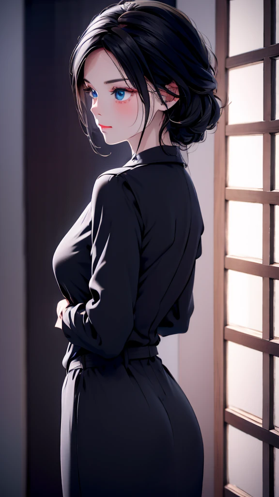 1 Girl , Girl medium light Black hair, light gray&blue eyes, wearing black suit 4D, night town , high res, ultrasharp, 8K, masterpiece, looking from behind