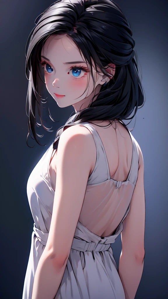 1 Girl, medium light black hair, light blue eyes , wearing black Suit 4D , night TOWN , high res, ultrasharp, 8K, masterpiece, looking from behind
