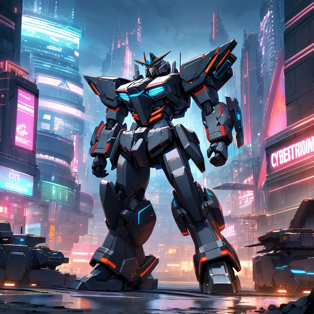 A transformer stands next to a heavily armored Cybertronian Tank, sci fi city scape with lots of neon trim
