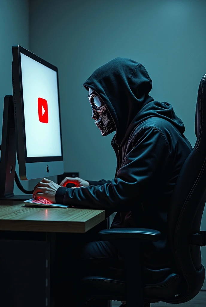 Hacker with hacker face mask seeting forward on the chair with the pc and youtube logo on pc screen