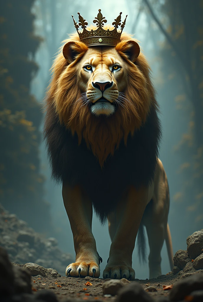 A lion with a crown and face of a clock no eyes or nose
