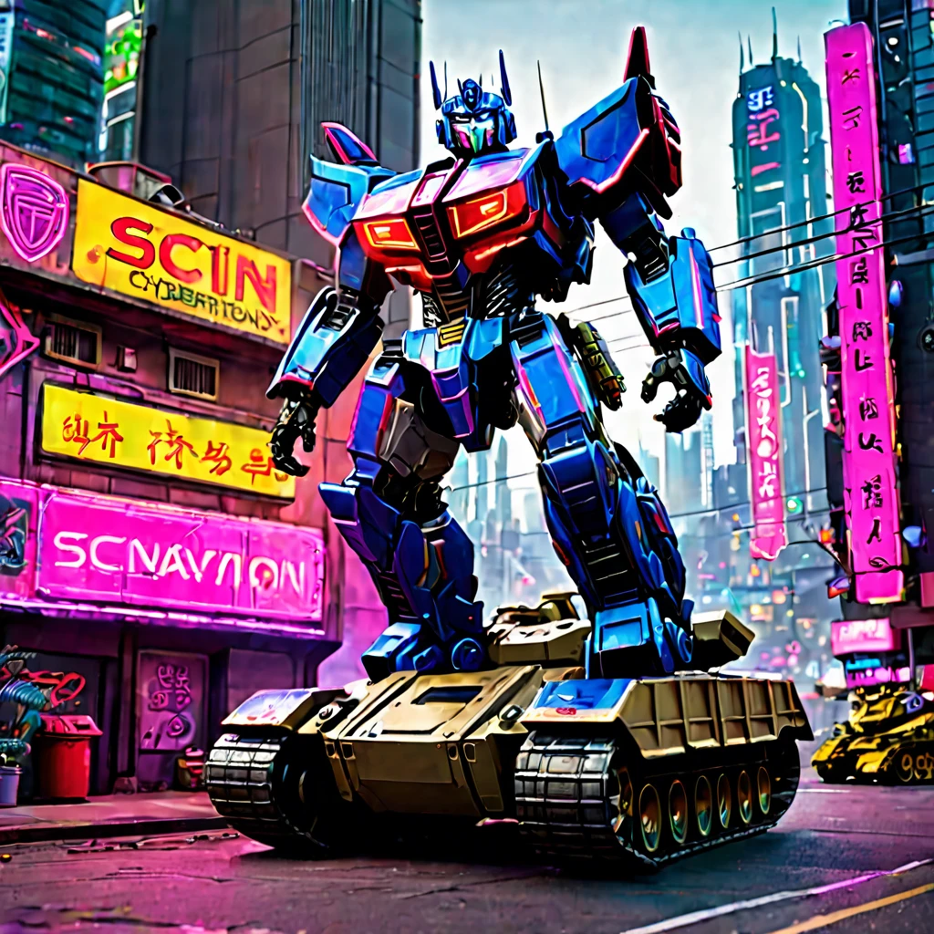 A transformer stands next to a heavily armored Cybertronian Tank, sci fi city scape with lots of neon trim