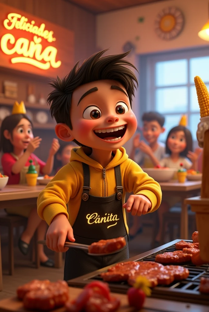 Pixar type image , A boy with a yellow jacket and black pants and his kitchen apron grilling meat and lots of choclitos encouraging the many people at the tables and with lights on his jacket saying cañita and in the back a sign saying Don Caña with his grill design   que diga felicidades cañita una muñecos de  choclo a su lado sonriendo y comiendo carne 