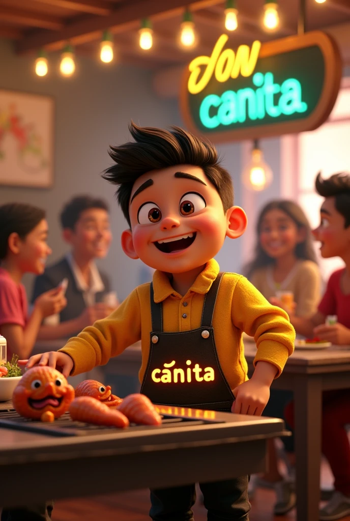 A 3D Disney movie cover with the title: Martin, with a fat 15 year old boy with no beard and light brown skin with straight black hair eating a fried chicken wing in a place full of black people