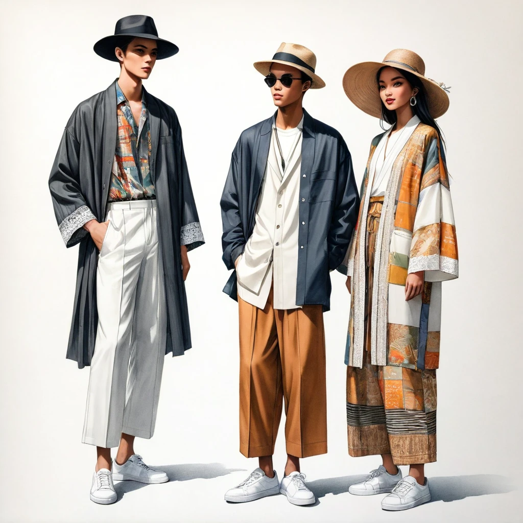 candid fashion illustration a group of young 2man and 1girl, aged 18-23 year old, tall and slender, Mixed race male super model, ((showcase fashionable Lenin outfits inspired by designer Dris Van Noten resort collection)), in elegant modern Mixed patchwork or collage of ethnic cloth details, e-co print, natural Earth tone color. The 1st man wears an oversized shirt with embroidery and lace details, paired with slim-fit Pants. The 2nd man complements him in a shirt decorate with lace and an oversized Yukata Jacket with ethnic woven details, paired with big striped Drawstring short. a woman wears patchwork long silk dress minimal style, (all completes the look with white sneakers, an accessorizes with a wide-brimmed straw hat, sunglass.  Captured in a ((full-body image)), simple model pose, ((simple water-color paint on white paper background)), realistic pencil lines, imperfect drawing, charcoal lines detail, fading sketch, fashion Sketching, low angle view, (full body image), Dris Van Noten.