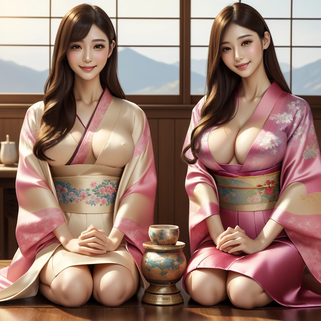 (best quality, masterpiece:1.5), (ultra-detailed, realistic:1.37),4K,(2woman:1.5),japanese,cute,beautiful,(silk kimono),(seiza),(big breast),(see through blouse),(bra),smile,