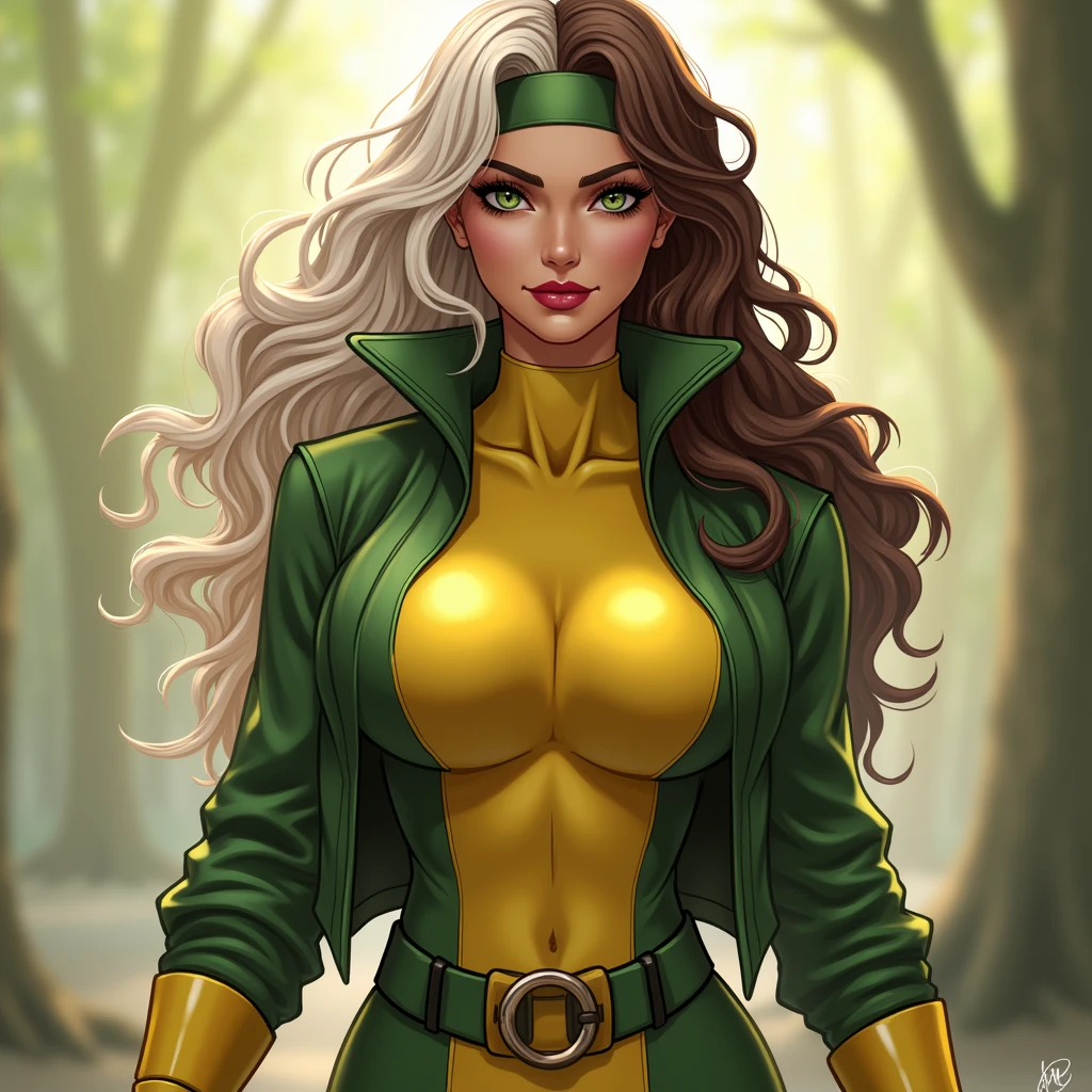 good anatomy, masterpiece, best quality, bokeh, depth of field, highres, high quality, 1girl,
X_MENs_Rogue,
long hair,breasts,brown hair,green eyes,lipstick,makeup,lips,white hair,two-tone hair,headband,wavy hair,large breasts,messy hair,curly hair,big_hair, 
yellow bodysuit,jacket,gloves,belt,yellow gloves,green bodysuit,bodysuit,multicolored bodysuit,superhero, skin tight,multicolored clothes,  
