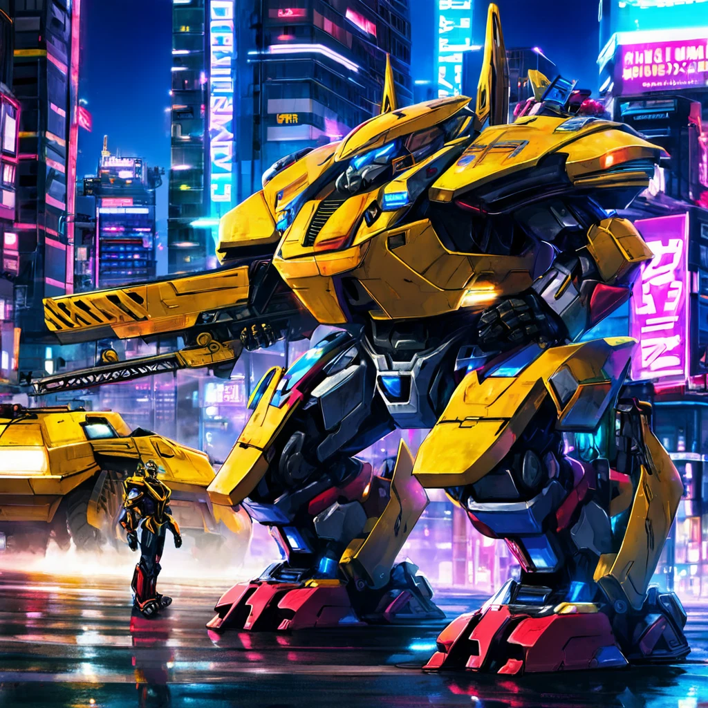 A transformer stands next to a heavily armored Cybertronian Tank, sci fi city scape with lots of neon trim