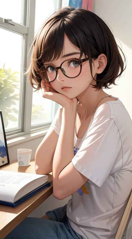 (obra de arte, melhor qualidade), detalhes intrincados,a girl with short messy hair, round glasses trying to study on her room but getting very anxious

