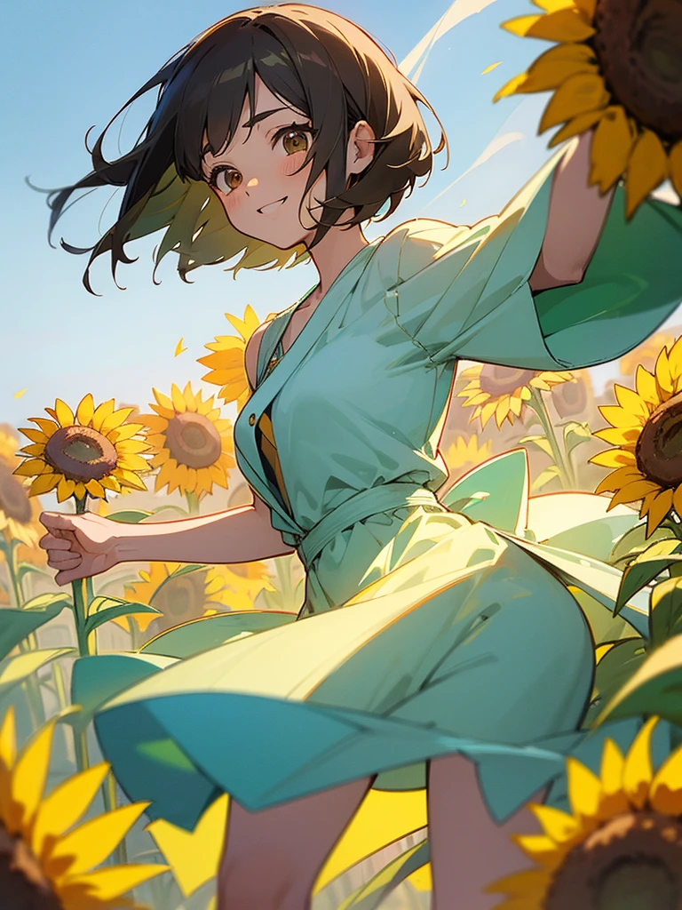  master piece, best quality, for below, cinematic angle, upper body , pigeon toed,  
Anime-style Moe illustration, summer vacation theme, 20-year-old woman, sunflower field, short hair, 
Picnic Maxi Dress, slightly inner thighs, smile, accurate drawing, Active pose, Active Angle, 
