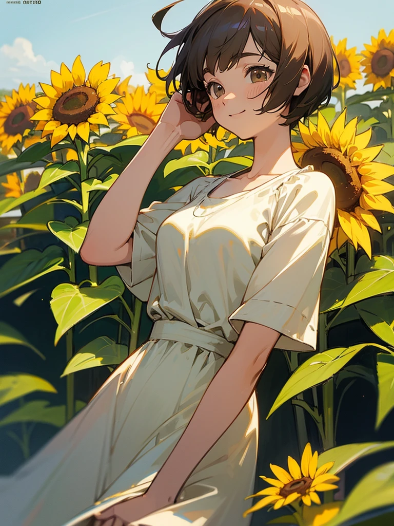 master piece, best quality, for below, cinematic angle, upper body , pigeon toed,
Anime-style Moe illustration, summer vacation theme, 20-year-old woman, sunflower field, short hair,
Picnic Maxi Dress, slightly inner thighs, smile, accurate drawing, Active pose, Active Angle,