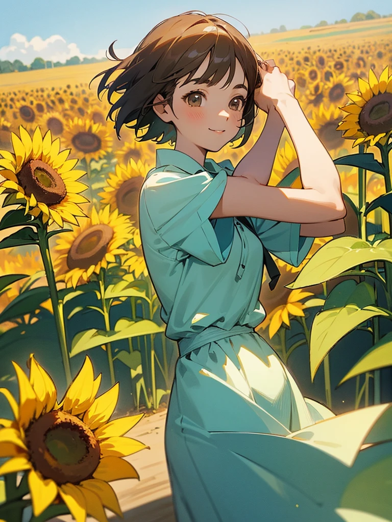  master piece, best quality, for below, cinematic angle, upper body , pigeon toed,  
Anime-style Moe illustration, summer vacation theme, 20-year-old woman, sunflower field, short hair, 
Picnic Maxi Dress, slightly inner thighs, smile, accurate drawing, Active pose, Active Angle, 