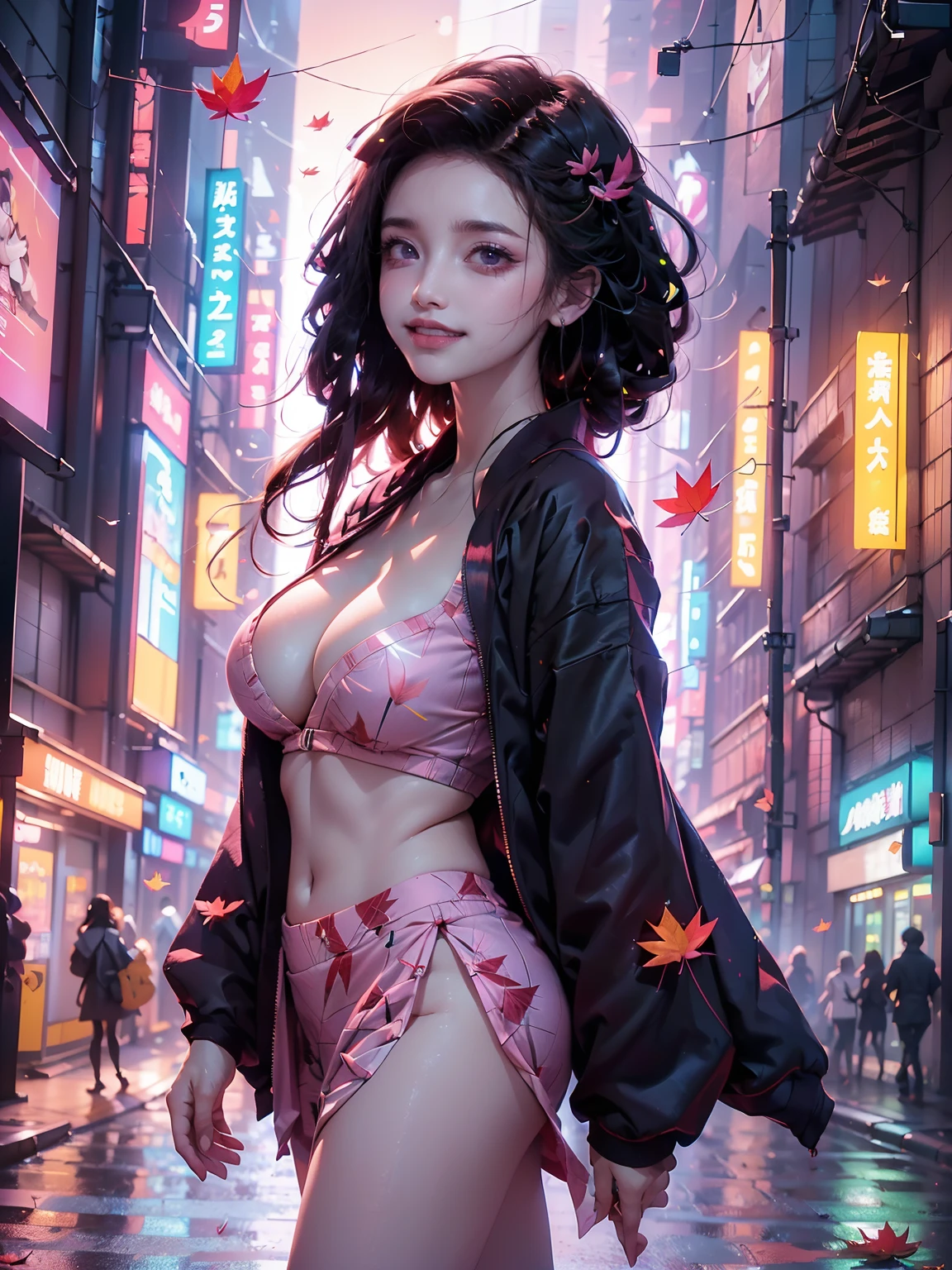 ((16K)),((masterpiece:1.3)), ((Highest quality)), ((Ultra-high resolution)), (Very detailed), ( ultra-realistic, Photorealistic:1.4), Perfect lighting,((Side light)), Surrealism,No makeup, Film Grain, chromatic aberration, Sharp focus, Face Light,((Beautiful detailsまでこだわった髪)),((Beautiful eyelashes)), Beautifully detailed face, ((Beautiful Hair)),Beautiful details, Beautiful clavicle, Beautiful body, Thin legs,Beautiful breasts, Beautiful legs, ((Detailed and carefully drawn hand)), ((Cleavage)),Pointed Chest, Perfect Anatomy, Supermodel with a long neck,((Skinny1.3)),23 years old,Looking into the camera,(Perfect Anatomy,Anatomically correct, Very detailed肌), Glowing Skin,((pale skin)),((beautiful girl:1.1)),(( large breasts:1.4)),Dainty facial structure,((Crazy smile:1.4)),((Command nezuko:1.5)), ((demon slayer)), ((pink yukata, black jacket)),((yukata)), ((light effect:1.2)), ((pink fall leaf effect:1.4)),((Flying kick:1.4)),((Show me the soles of your shoes)), ((from side:1.2)),background((Background of a colorful cyberpunk Tokyo street at night. The scene features futuristic skyscrapers illuminated by neon lights and holographic advertisements. Flying vehicles zip through the sky, while people in cyberpunk fashion walk the streets below, The walls of the buildings are adorned with giant digital screens displaying vibrant ads and animations. The ground is embedded with colorful LED lights, creating an ethereal and otherworldly atmosphere throughout the city)),((wide shot:1.6))