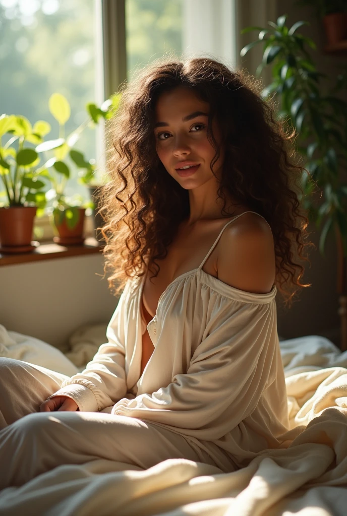 (photorealism:1.2), beautiful woman, sitting on bed, wearing loose off-shoulder top, pajama pants, long curly hair, indoors, soft lighting, plants in background, window with sunlight, cozy room, relaxed pose, realistic, intricate details, warm colors, by Greg Rutkowski, by Alphonse Mucha