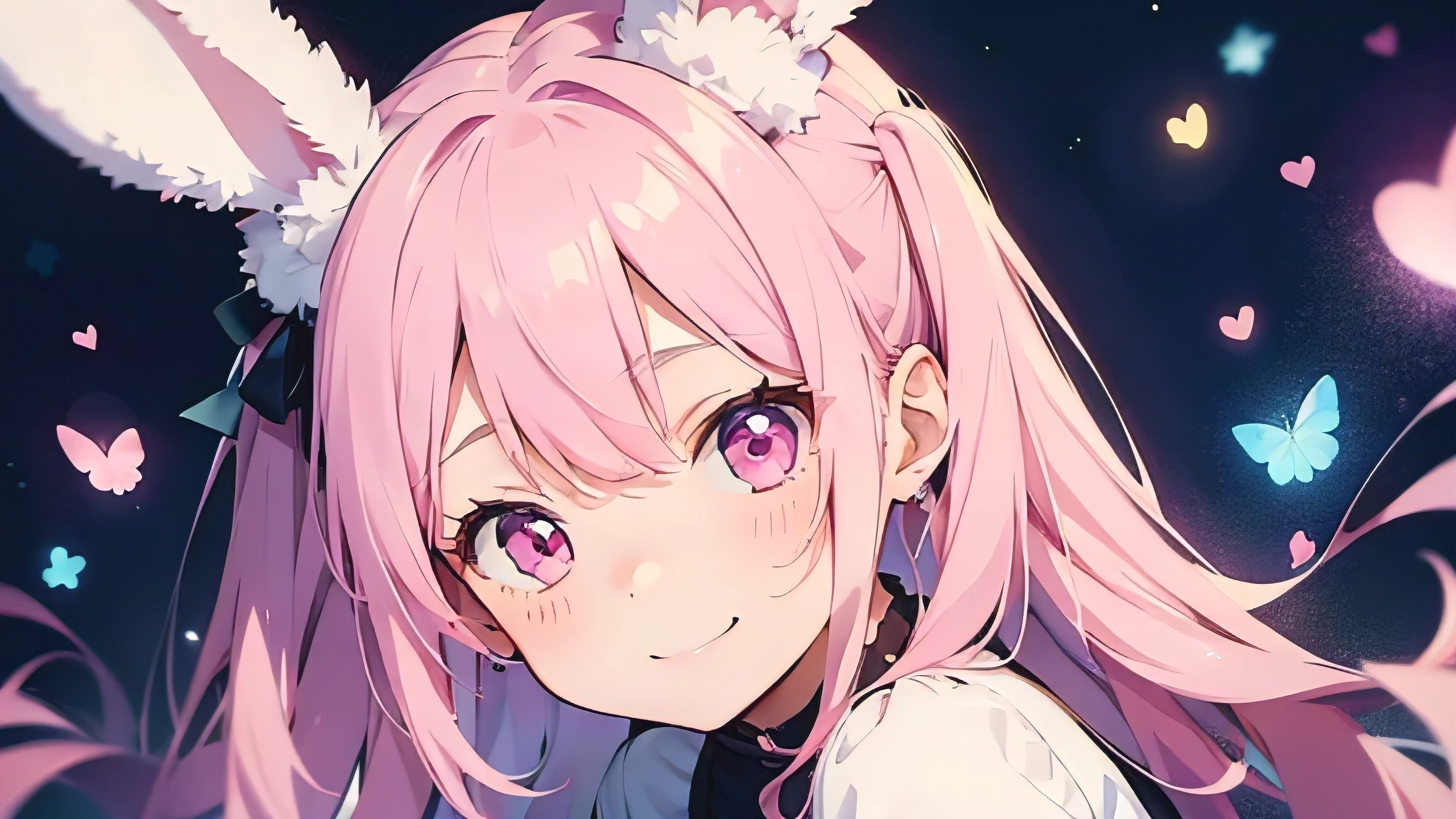Highest quality, pretty girl, pastel colour, Fluffy bunny ears, smile、Pink Hair,Pink eyes,Background is solid color,pop、colorful,wallpaper style
