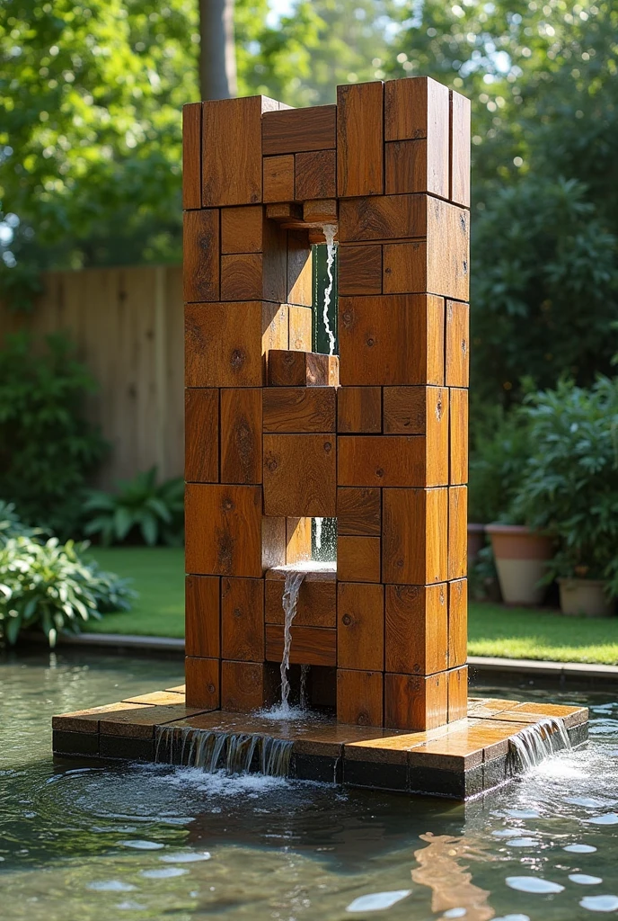 Water fountain made from 128 wooden pieces in the shape of a rectangular prism based on the style of Eduardo Chillida